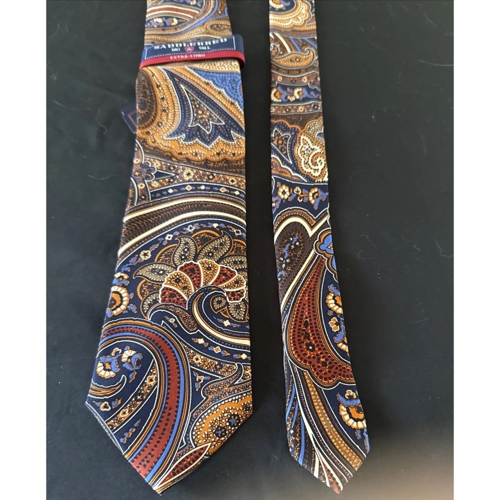 Saddlebred Navy Orange Brown NWT Paisley Silk Tie XL